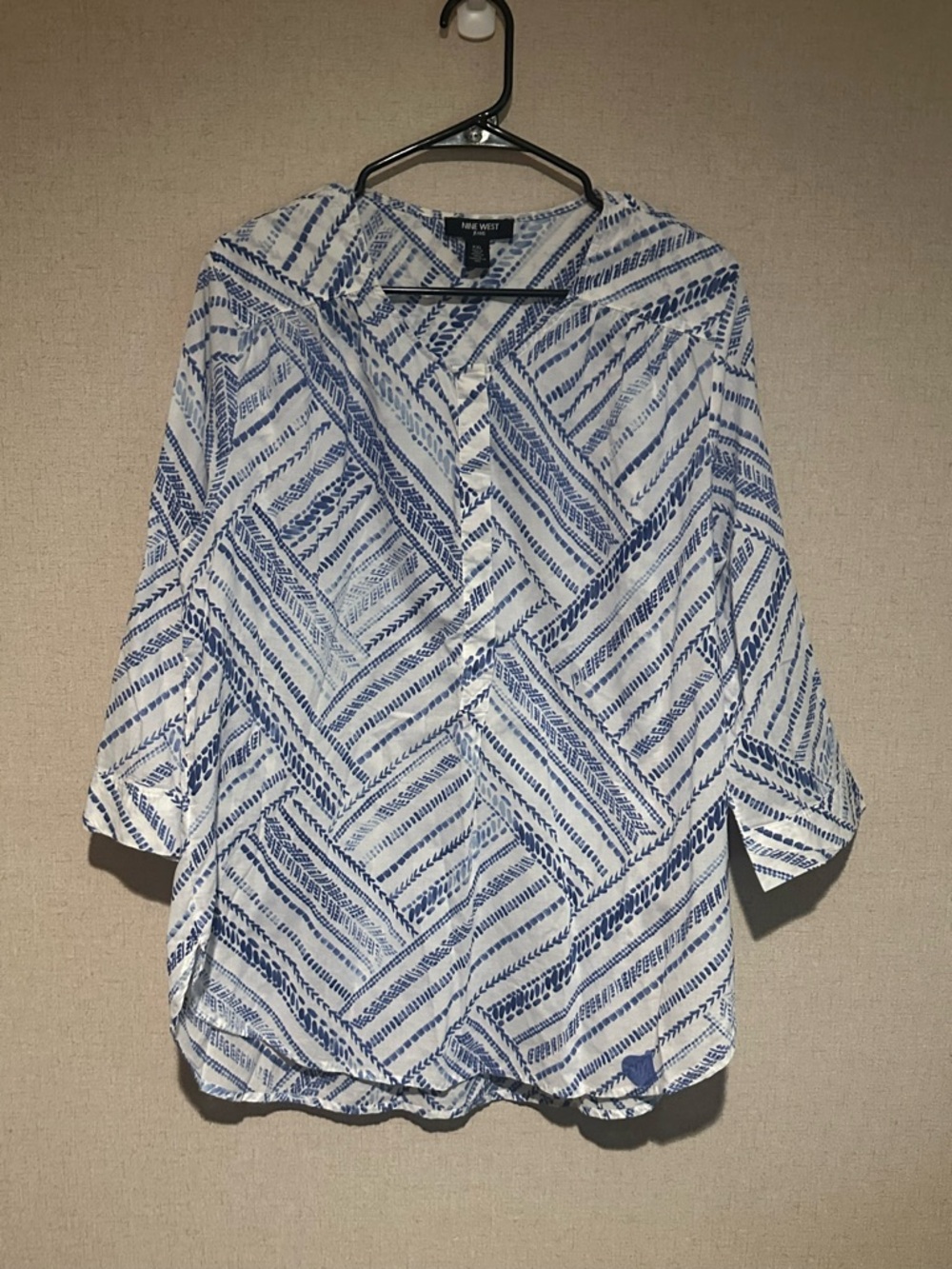 Nine West XXL Plus Size Blue White Casual Office 3/4 Sleeve Batik Blouse